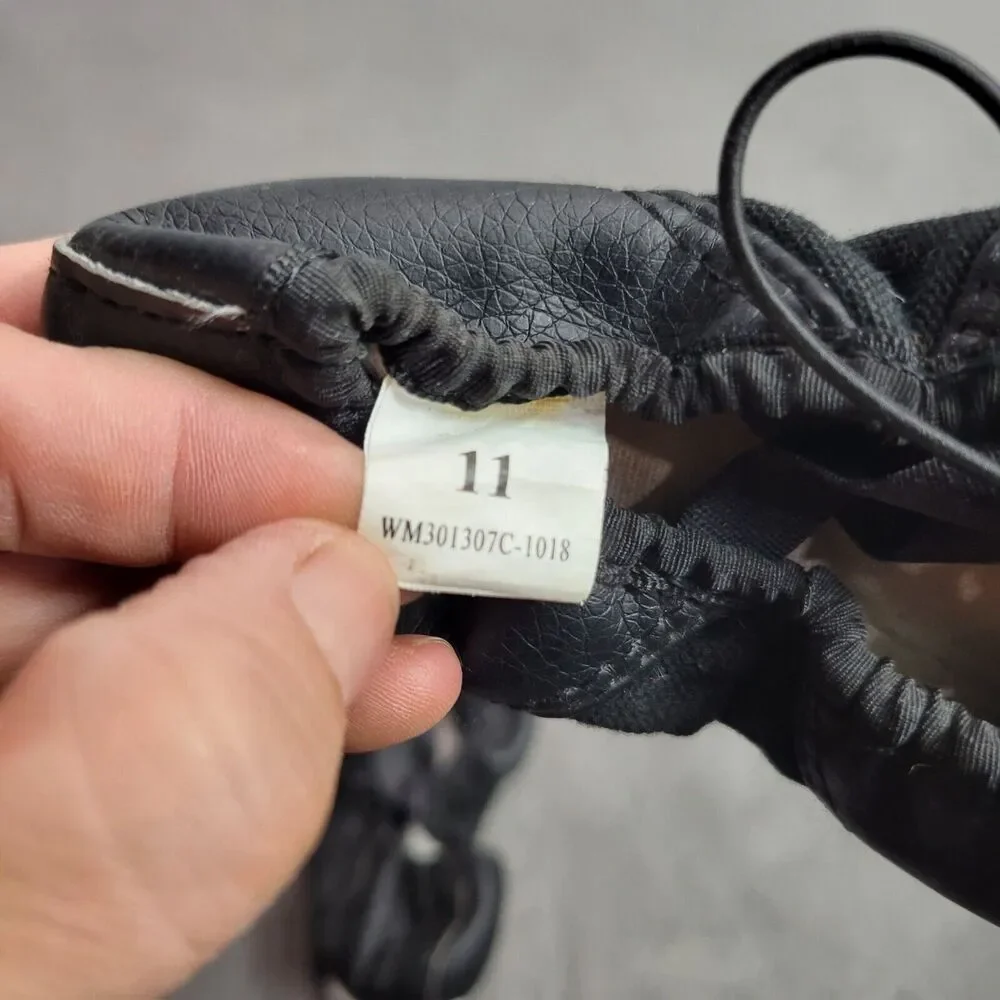 Black Leather Ballet Shoes Size 11 With Elastic Drawstring For Girls Soft Sole D